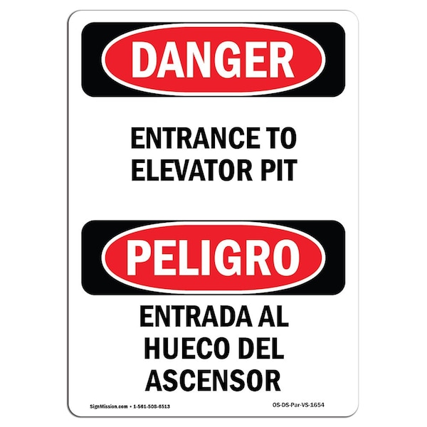 Safety Sign, OSHA Danger, 5" Height, Entrance To Elevator Pit Bilingual Spanish, 10PK